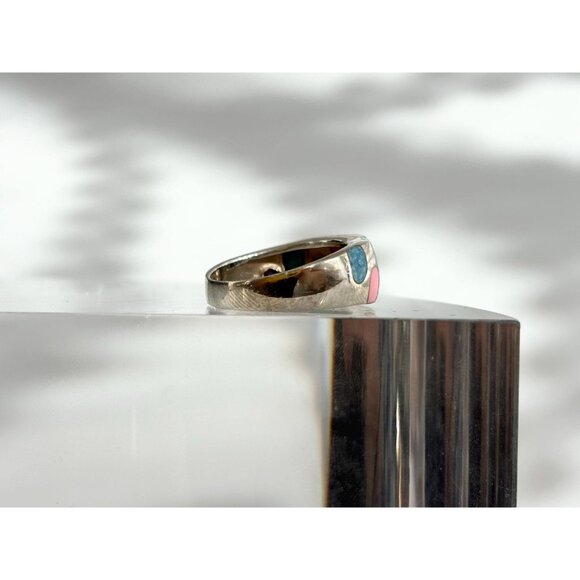 Mosaic Multi Gemstone Inlay Unusual 925 Sterling Silver Vintage Ring - sz 7 - Picture 3 of 11